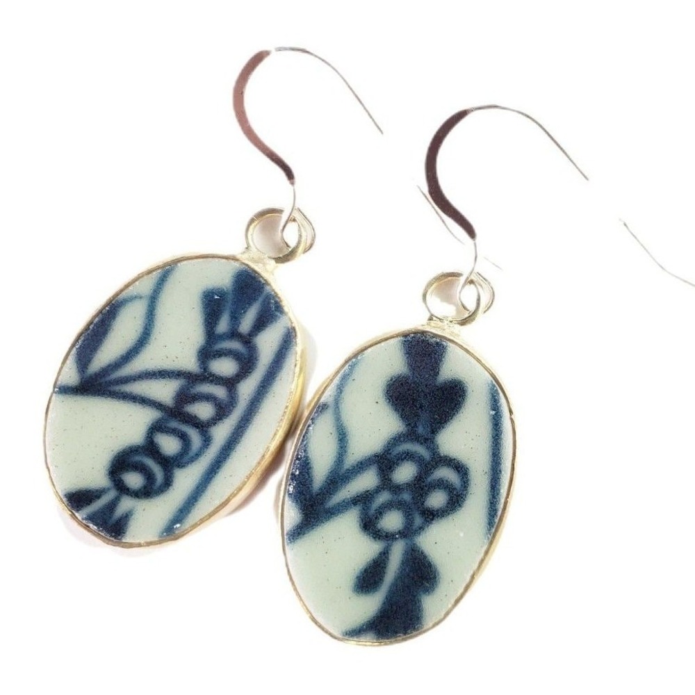 Handmade Pottery Shard Earrings Sterling Silver Wires Ming Blue & White Floral